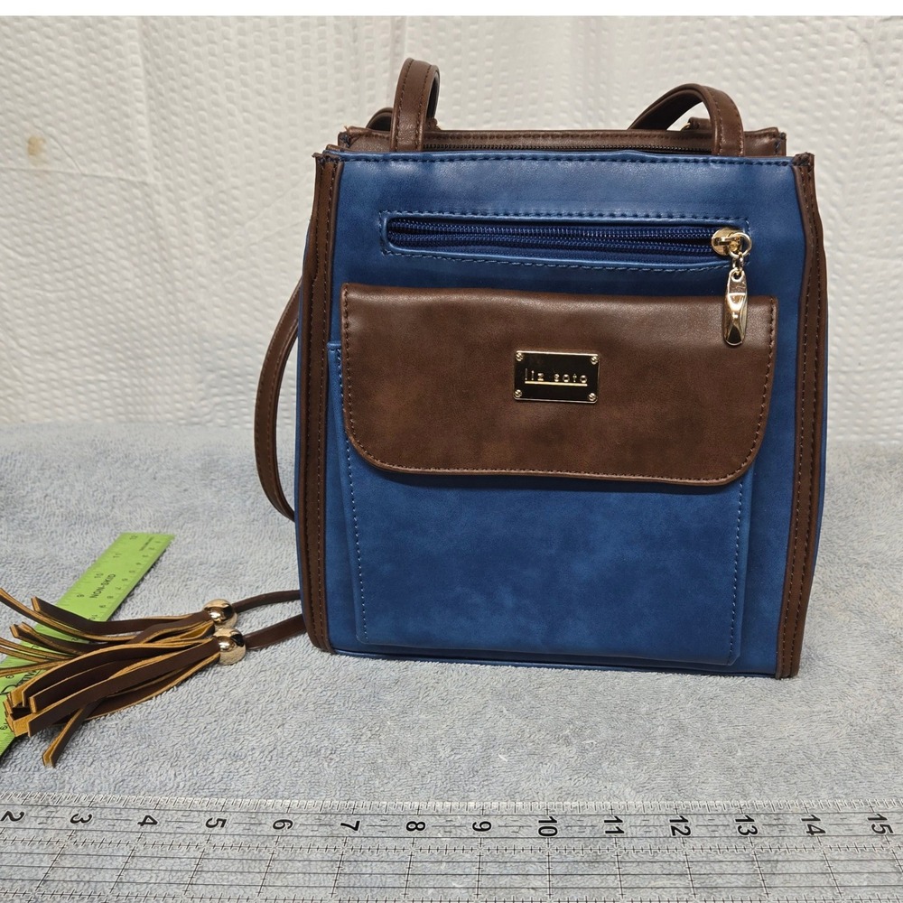 Liz Soto Gina Crossbody Handbag Blue Brown Vegan Leather‎ Tassel 3247